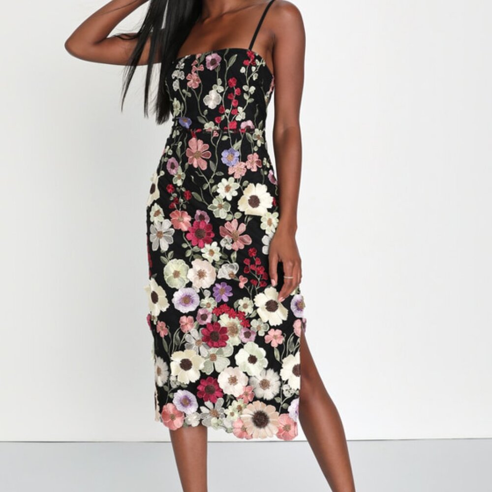 Lulus Thriving Energy Black 3d Floral Embroidered Lace-up Midi Dress - Size XL